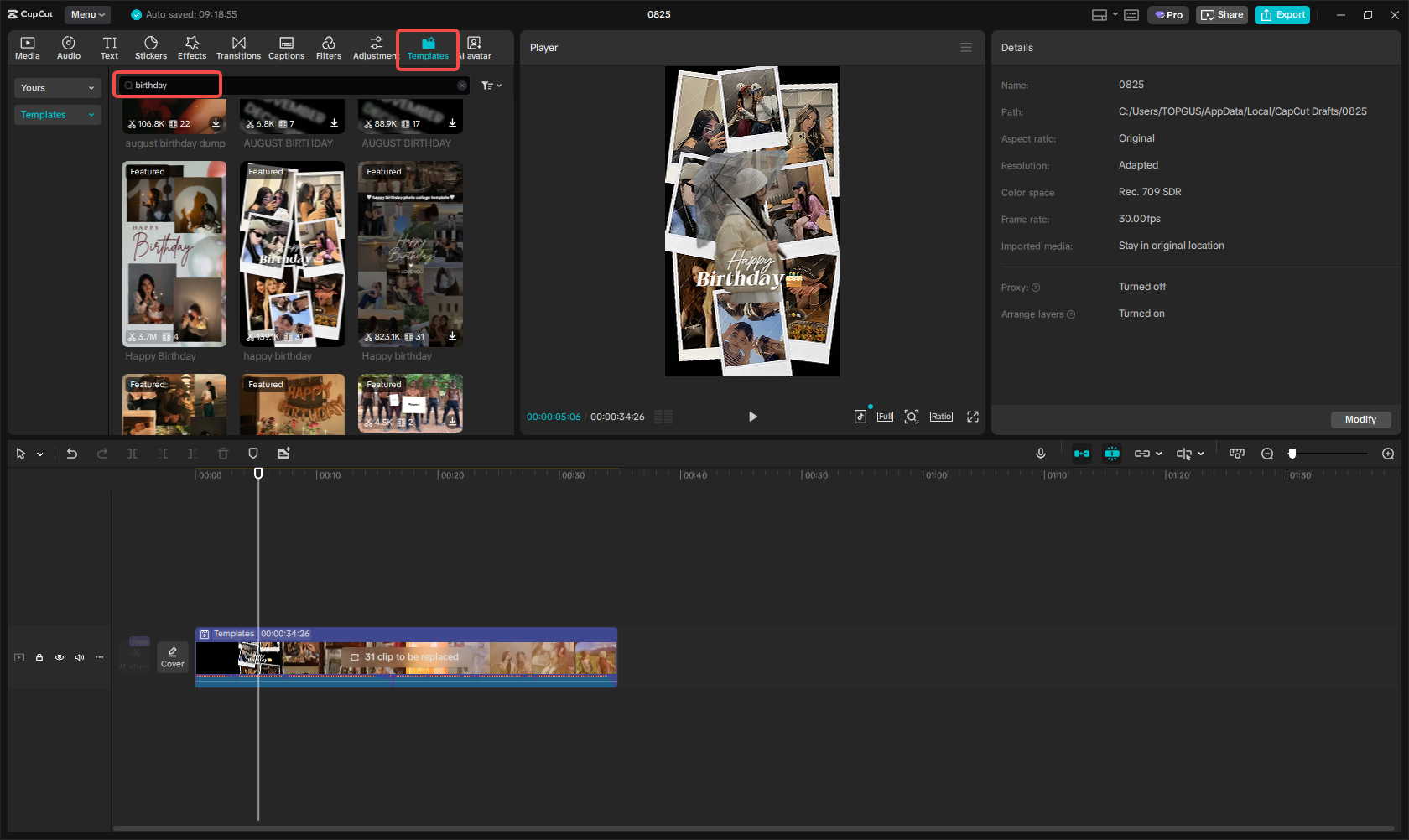 Selecting a birthday video template in CapCut