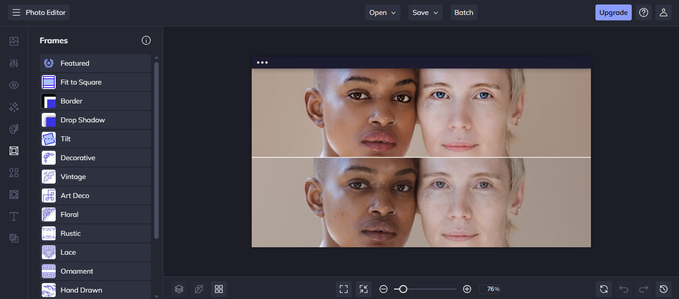Interface of BeFunky - an easy-to-use platform to get photo editing frames for lovers