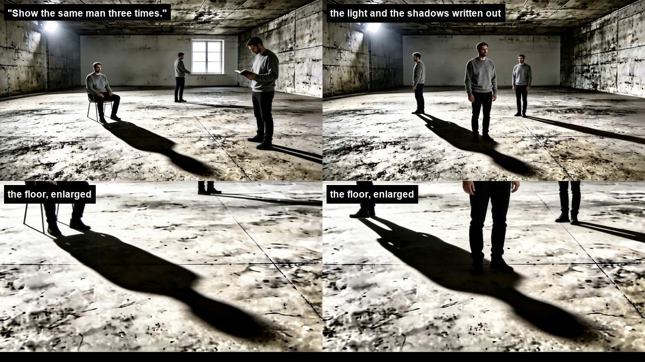 Two versions side by side: in the first the three copies sit on a chair, stand at a window and read a book, with a window that was not in the original; in the second, three copies stand facing the camera with shadows running to the right. Below, the floor of each, enlarged.