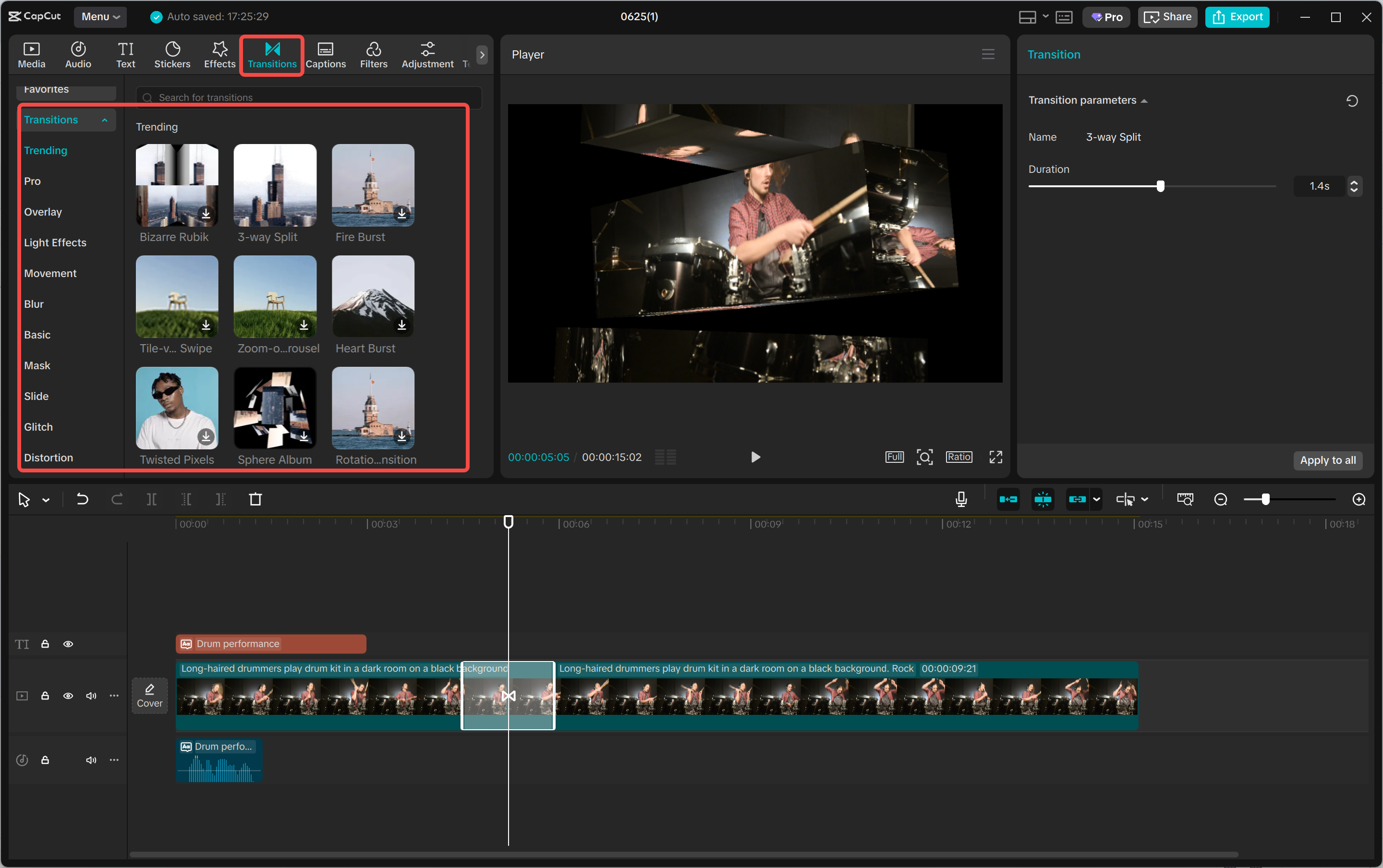 CapCut Desktop Transitions Panel und Anwendung zwischen Clips