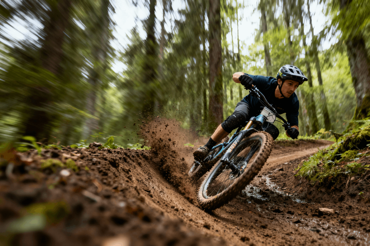 A mountain biker on a forest dirt road
