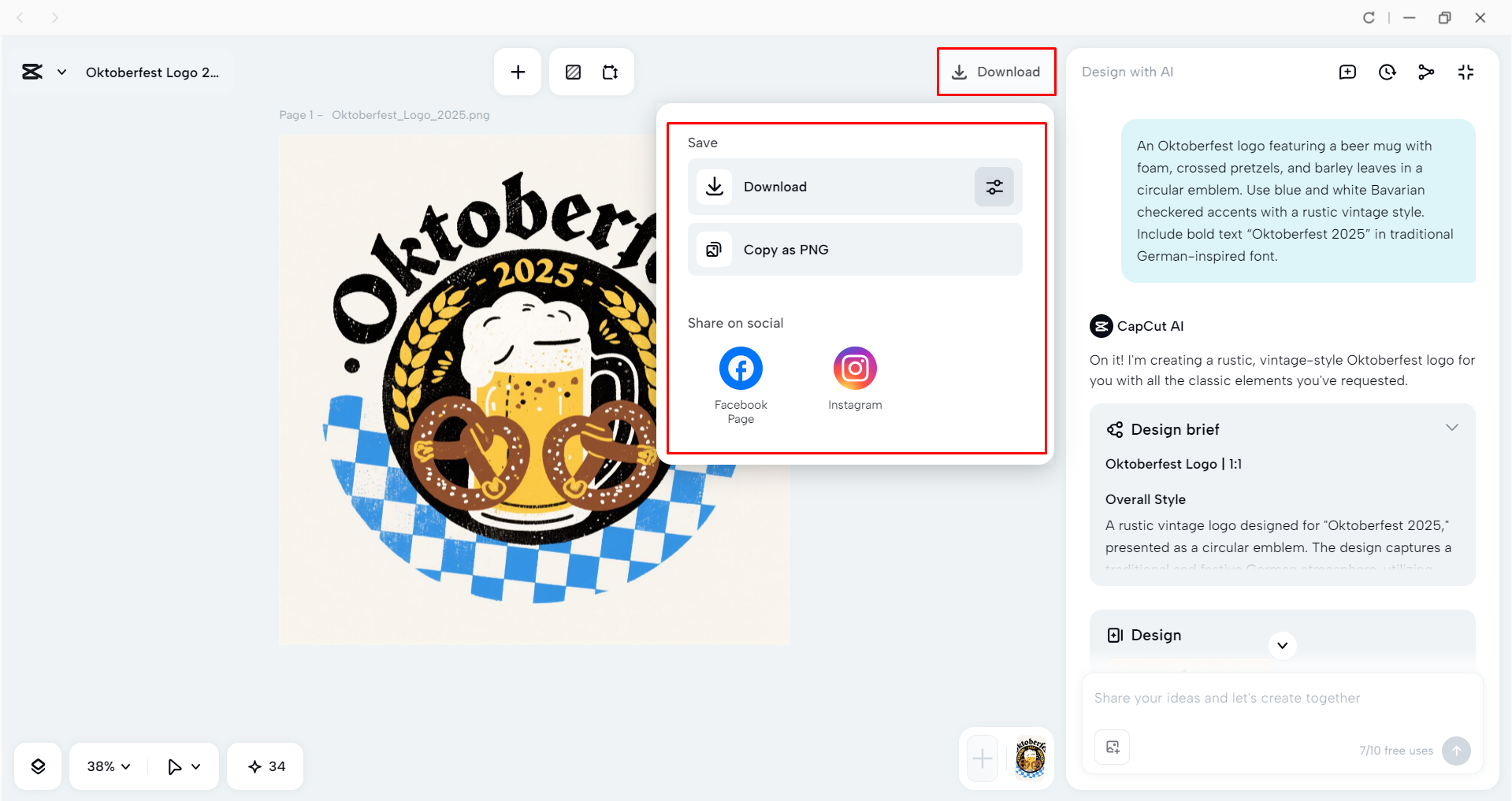 Downloading the logo from the CapCut desktop video editor