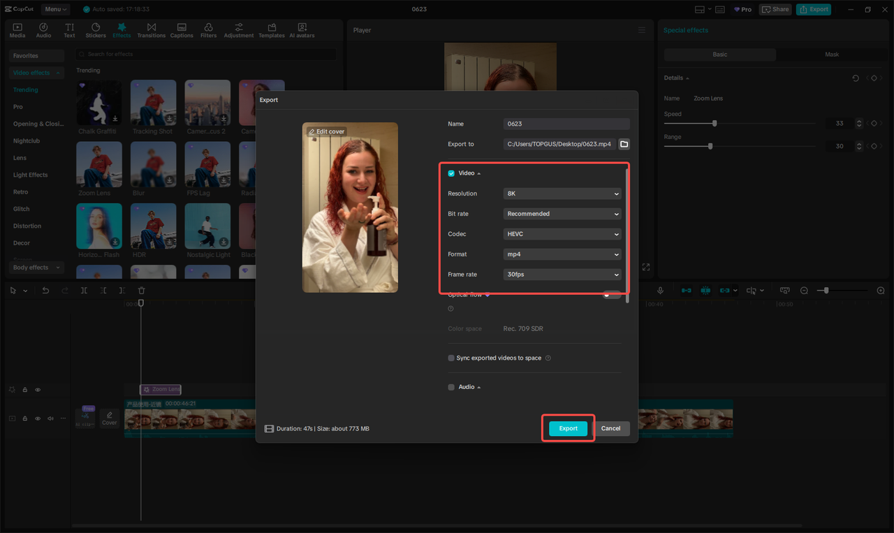 Export the video for Instagram