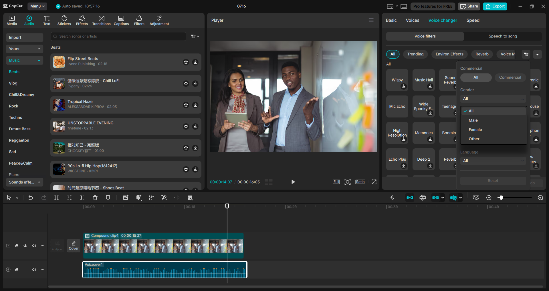 Interface of the CapCut desktop video editor - an easy to use boy to girl voice changer