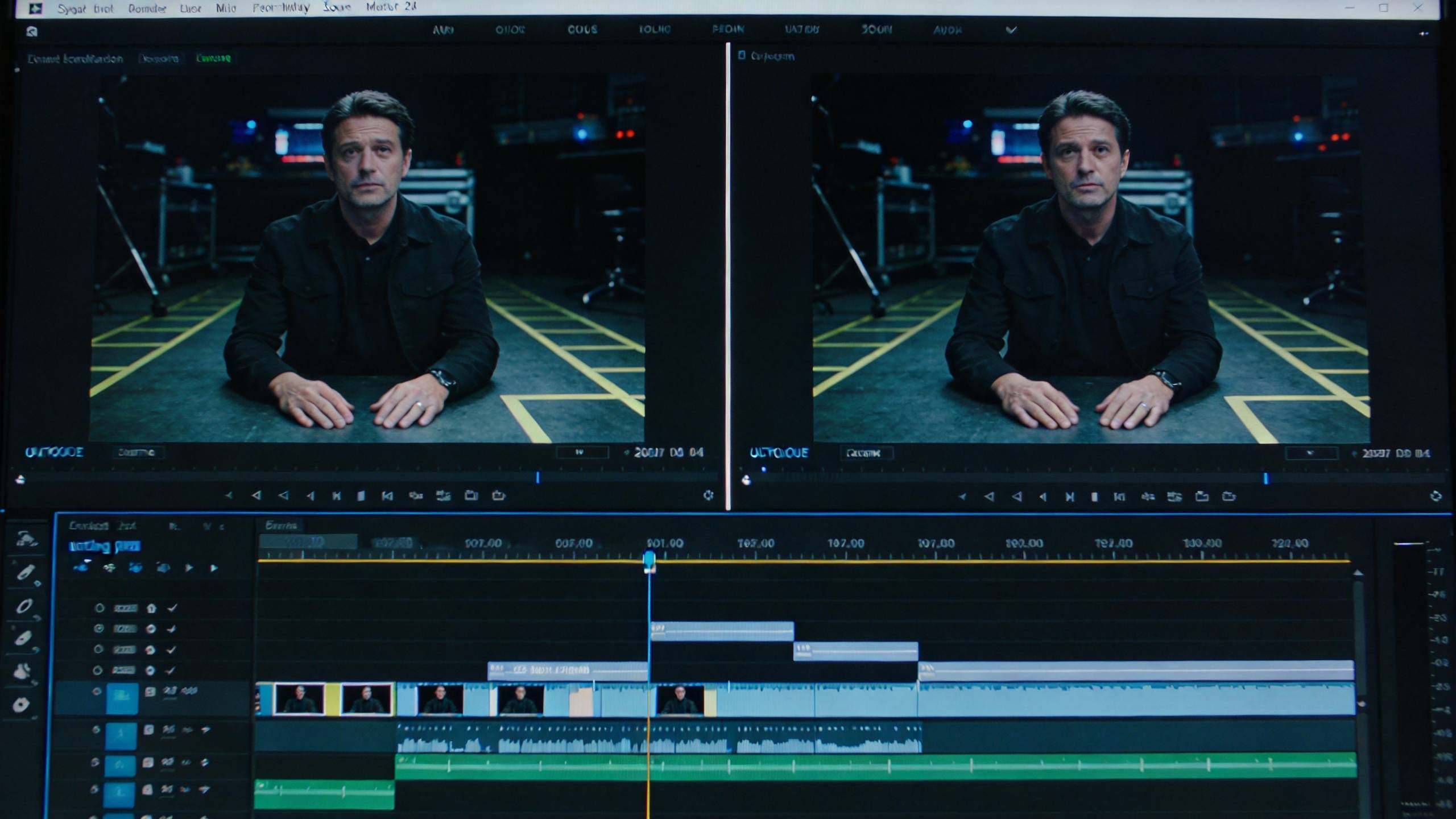 Video editing software showing a man in a dark studio with clips and timeline below