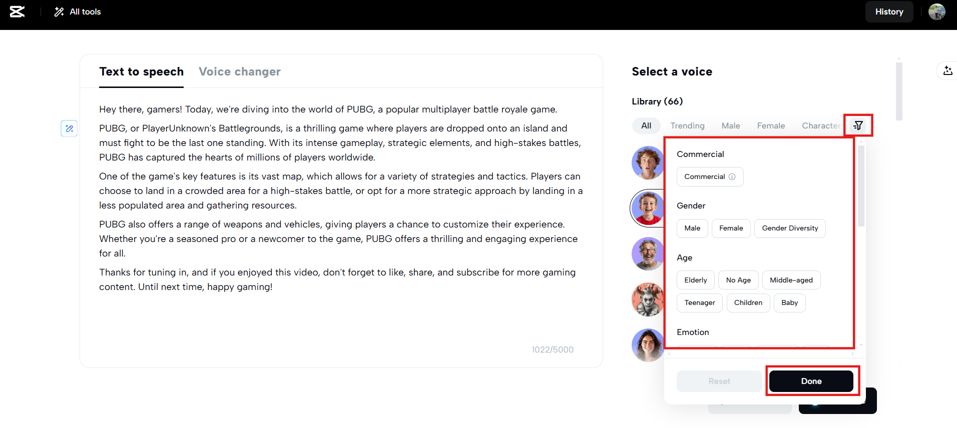 Escolha a voz da biblioteca