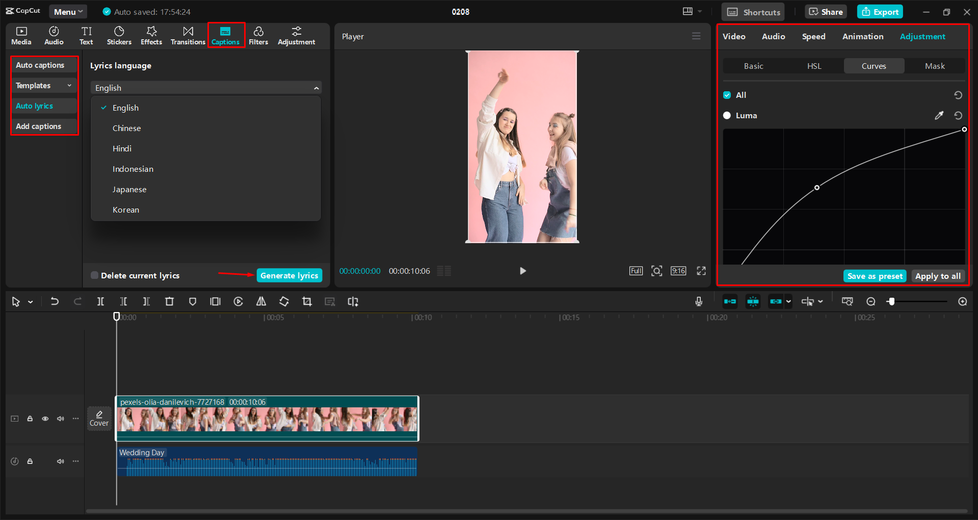 Enhancing a video for Instagram in the CapCut desktop video editor