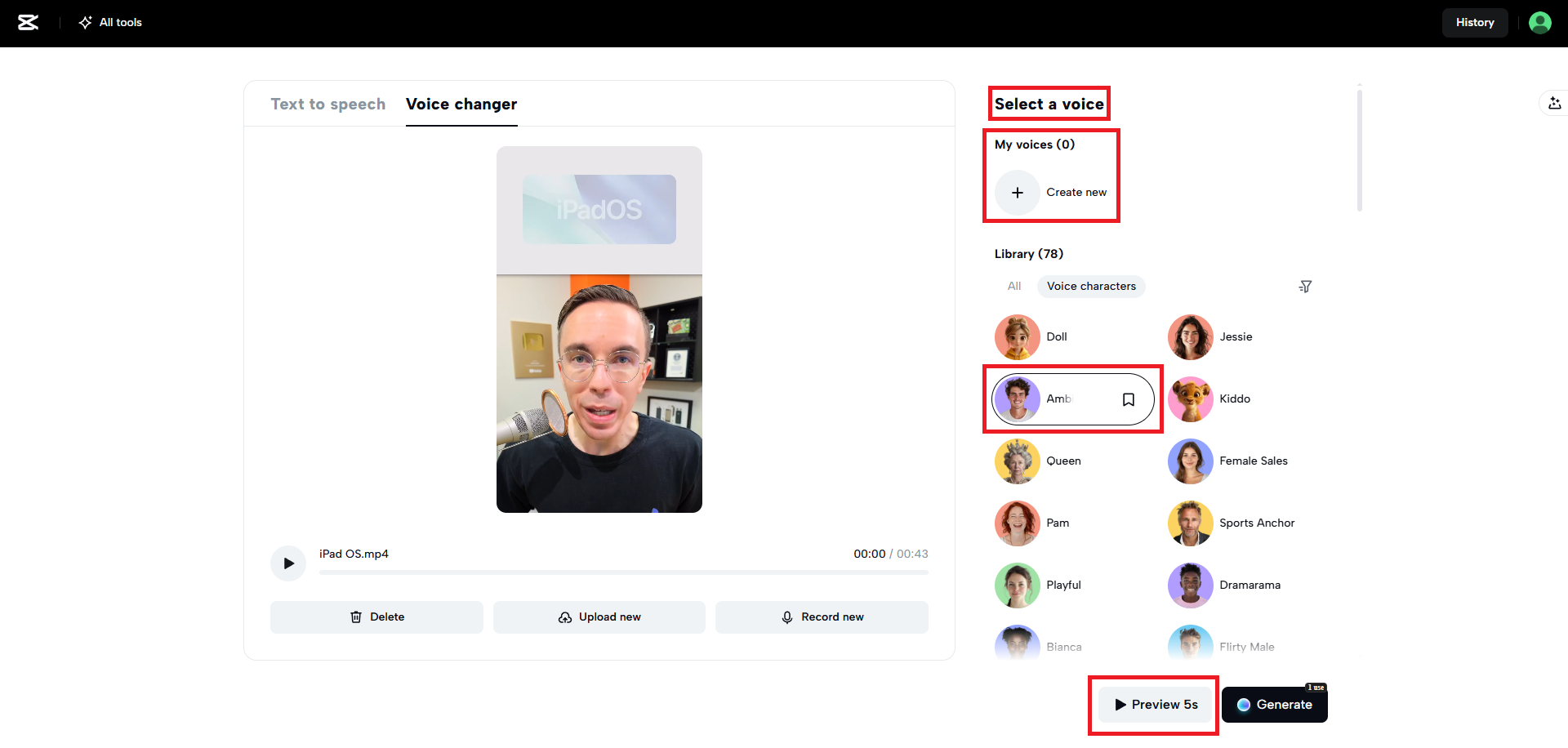 Wählen Sie eine neue Stimme für Ihr Video oder Ihre Audioaufnahme aus.