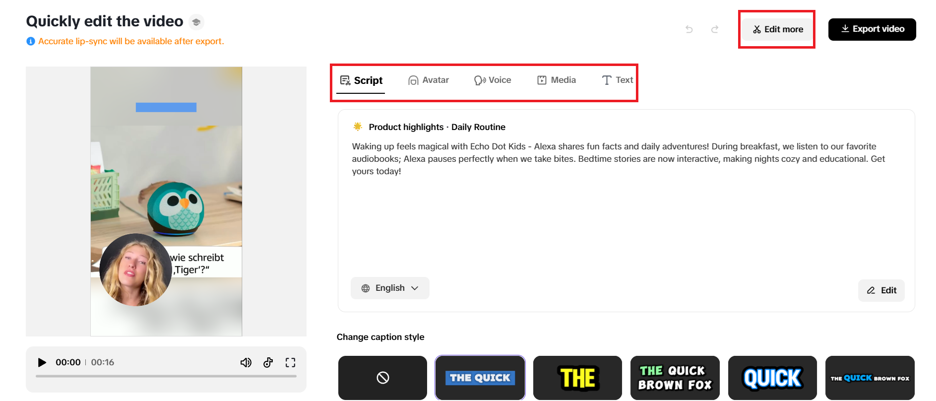 Quick editing options