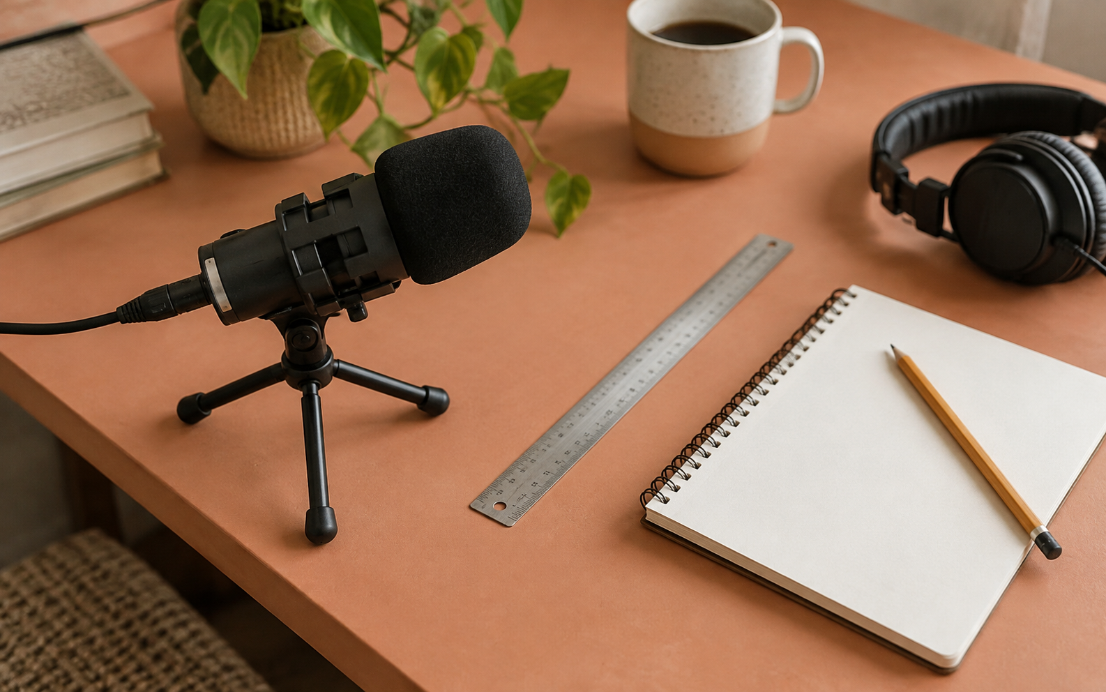 A compact microphone rig and a ruler laid beside a blank notebook with a pencil, recording position reference on pale terracotta desk.