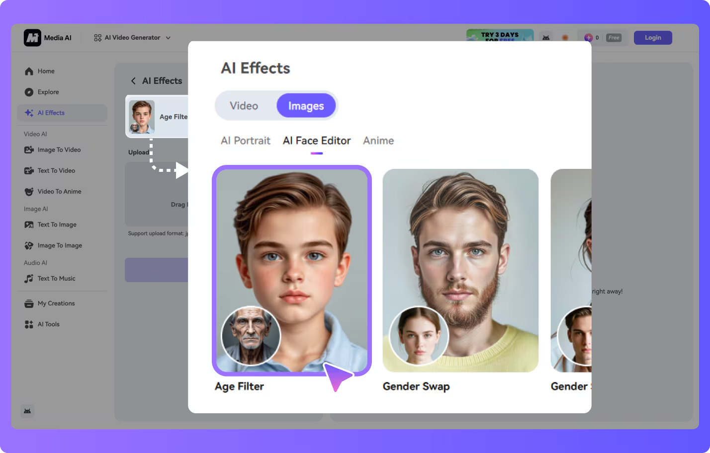 Interface of Media.io - a tool with hilarious funny photo filters
