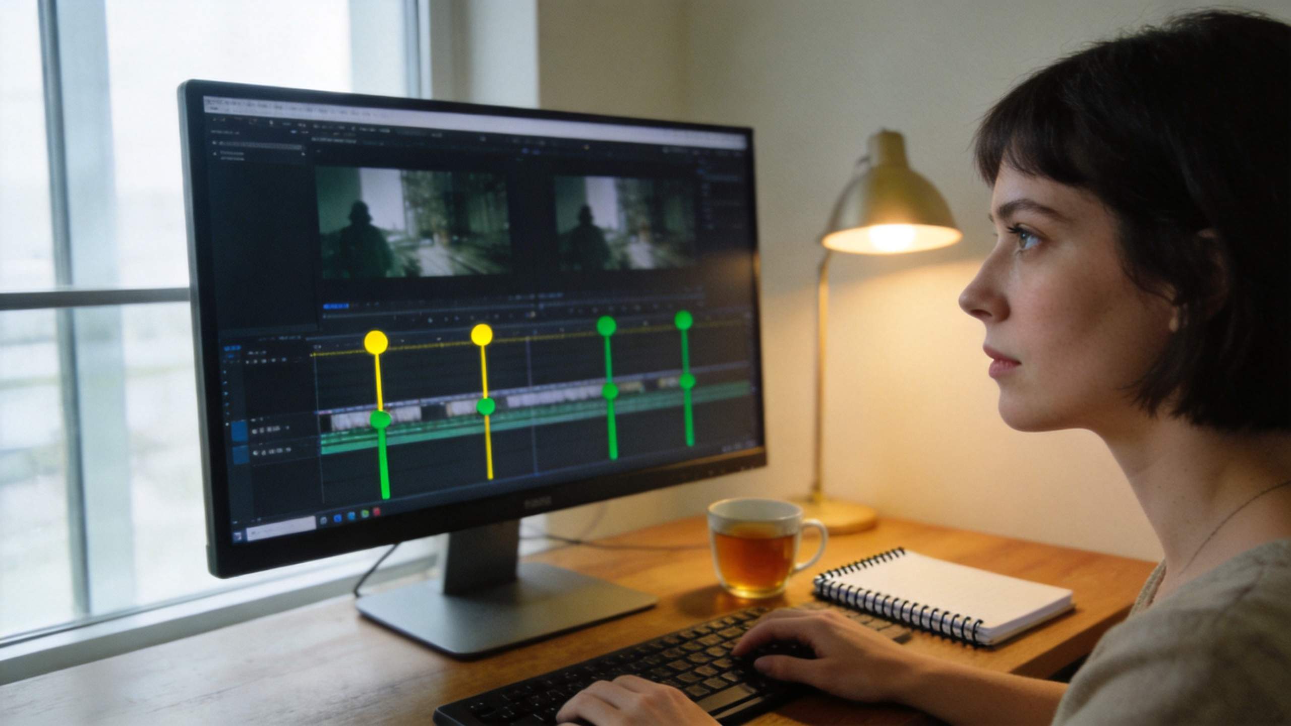 Woman editing a video timeline on a desktop monitor beside a notebook, lamp, and cup on a wooden desk.