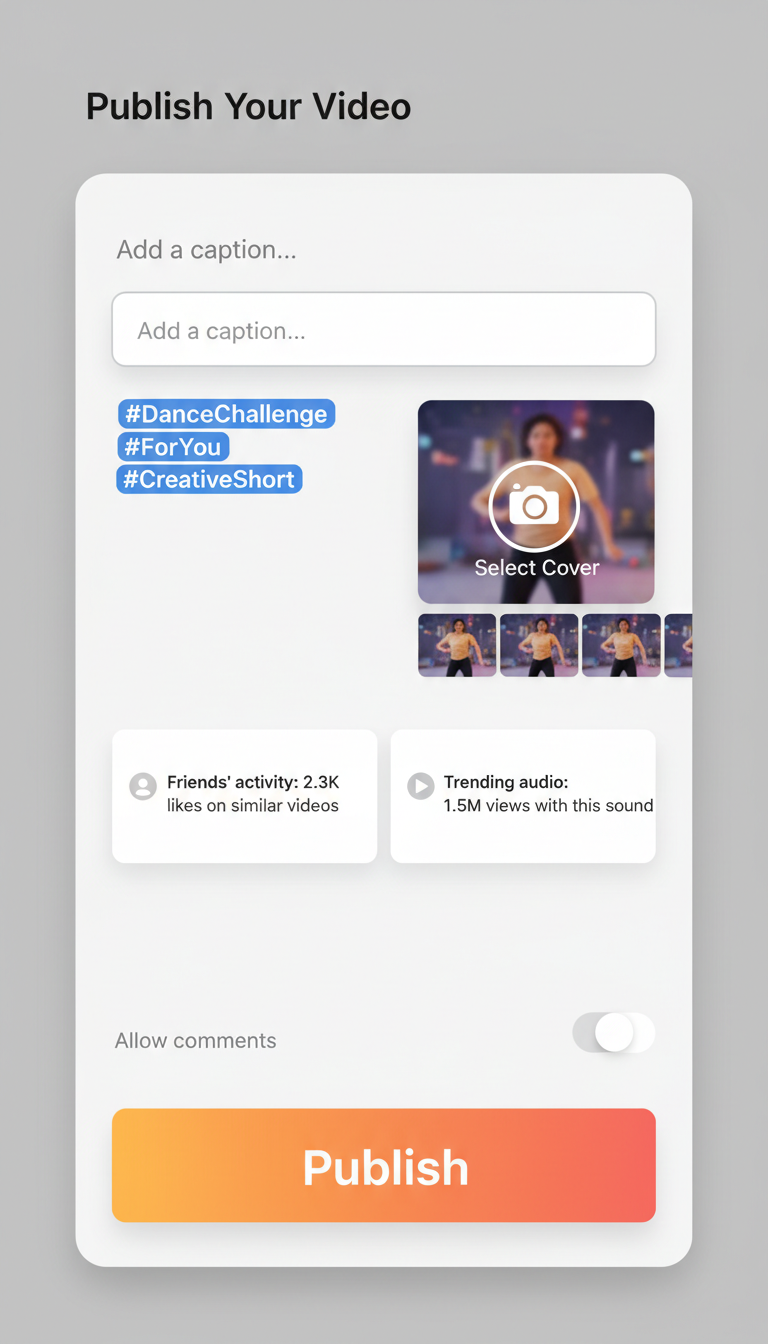 Generic mobile publish panel showing caption, hashtags, cover selector, and a bright Publish button for short video apps, 9:16.