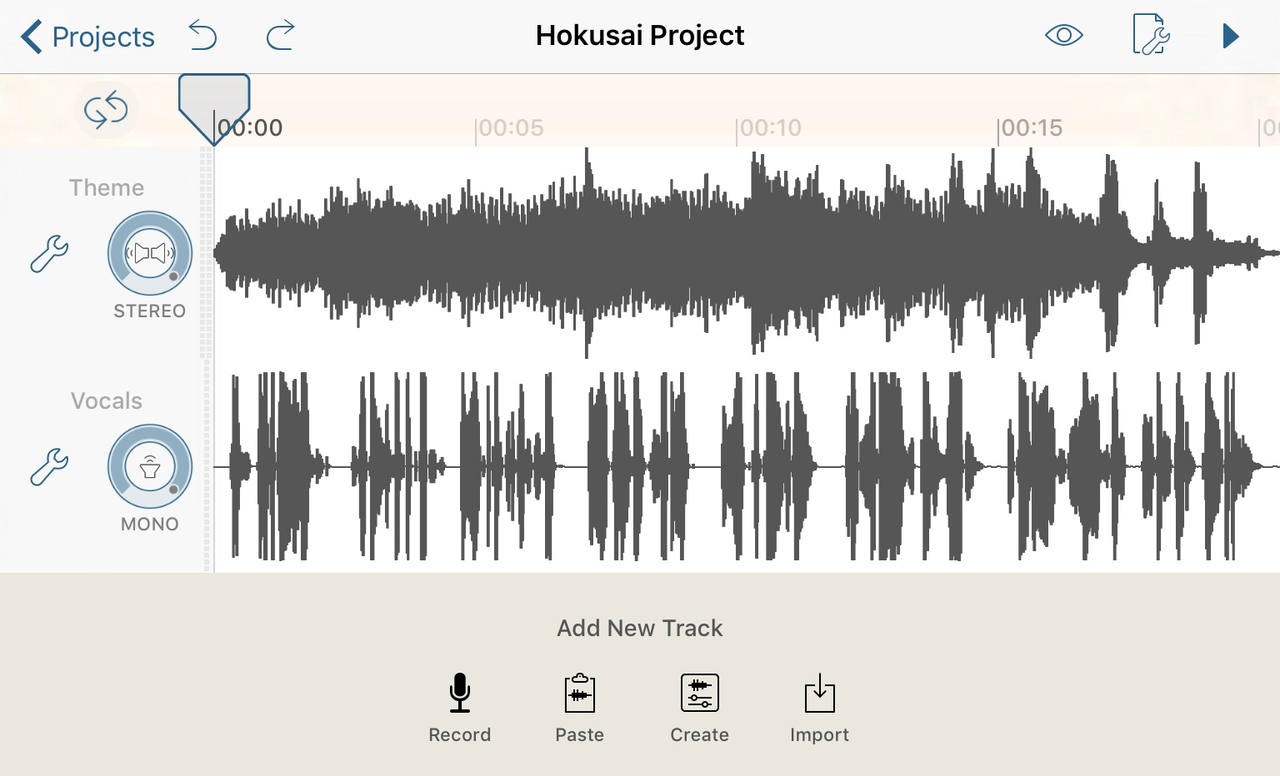 Hokusai editor on iPhone showing an audio waveform with a selected section for cropping.