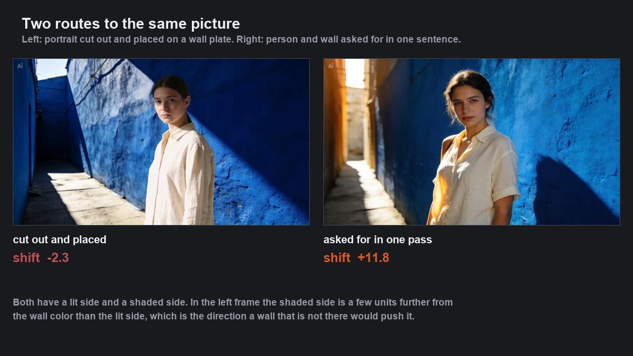 Two finished frames side by side. In the composite the woman is evenly lit against a wall carrying a hard diagonal sunline. In the one-pass frame the same sunline falls across her as well and her shaded side carries blue.
