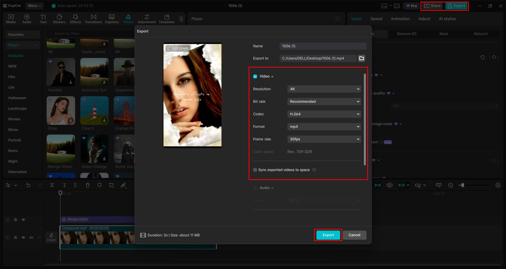Exporting a video from the CapCut desktop video editor