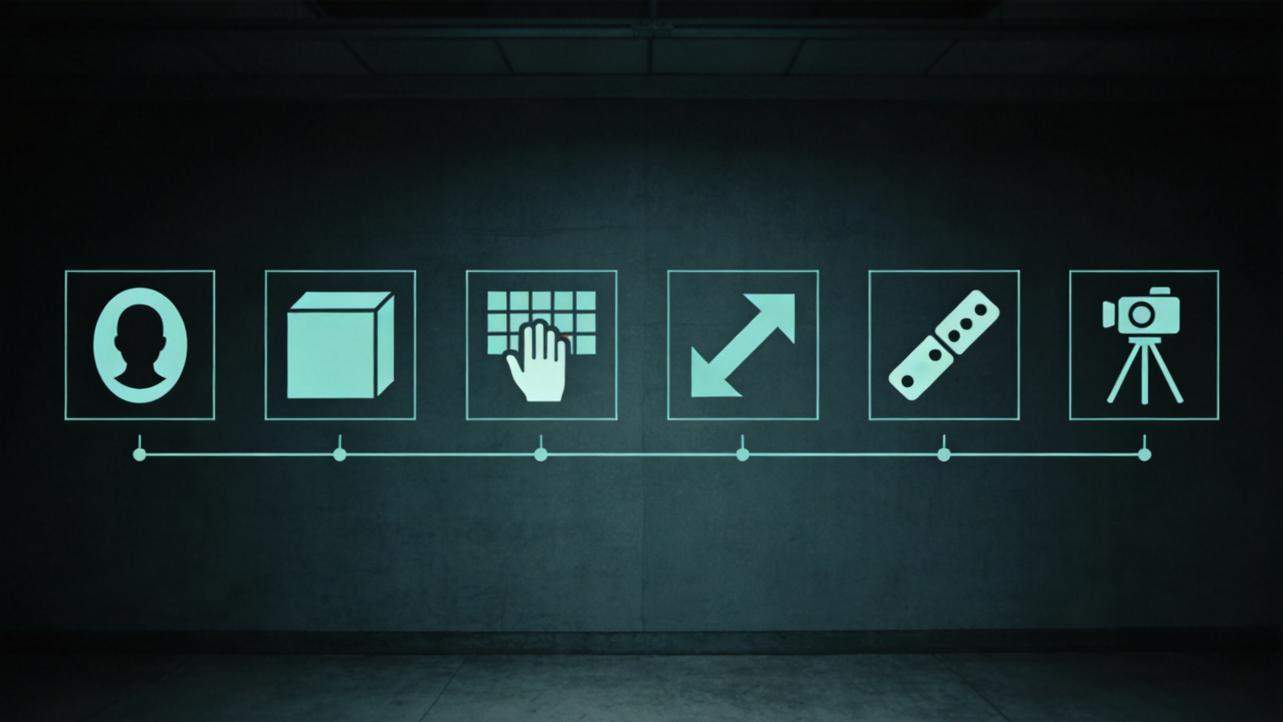 Six teal icons in boxes on a dark wall, including a person, cube, hand, arrows, film strip, and camera