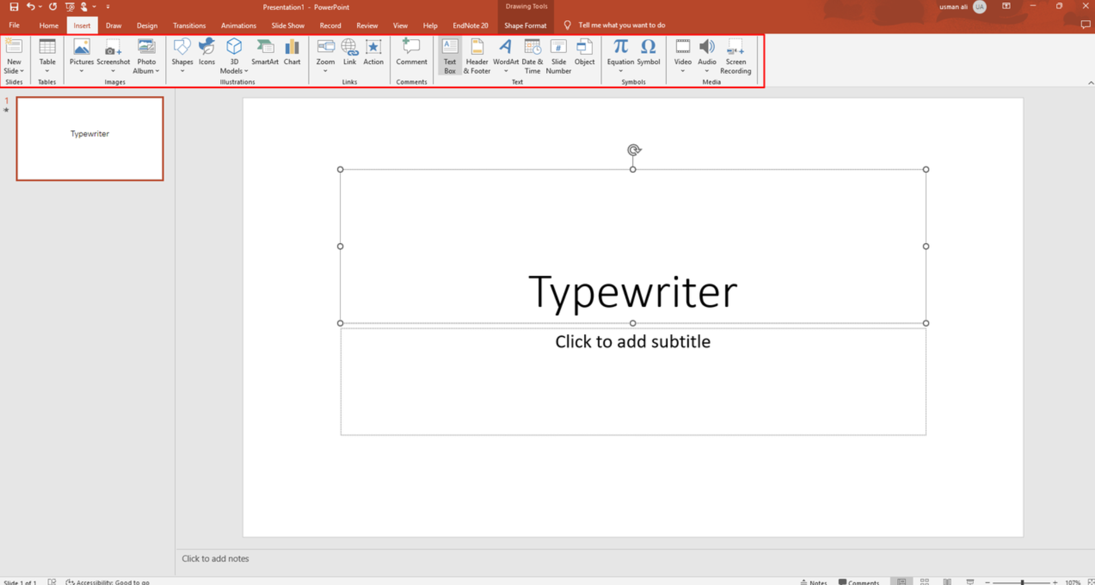 Inserting a text box for typewriter effect in PowerPoint