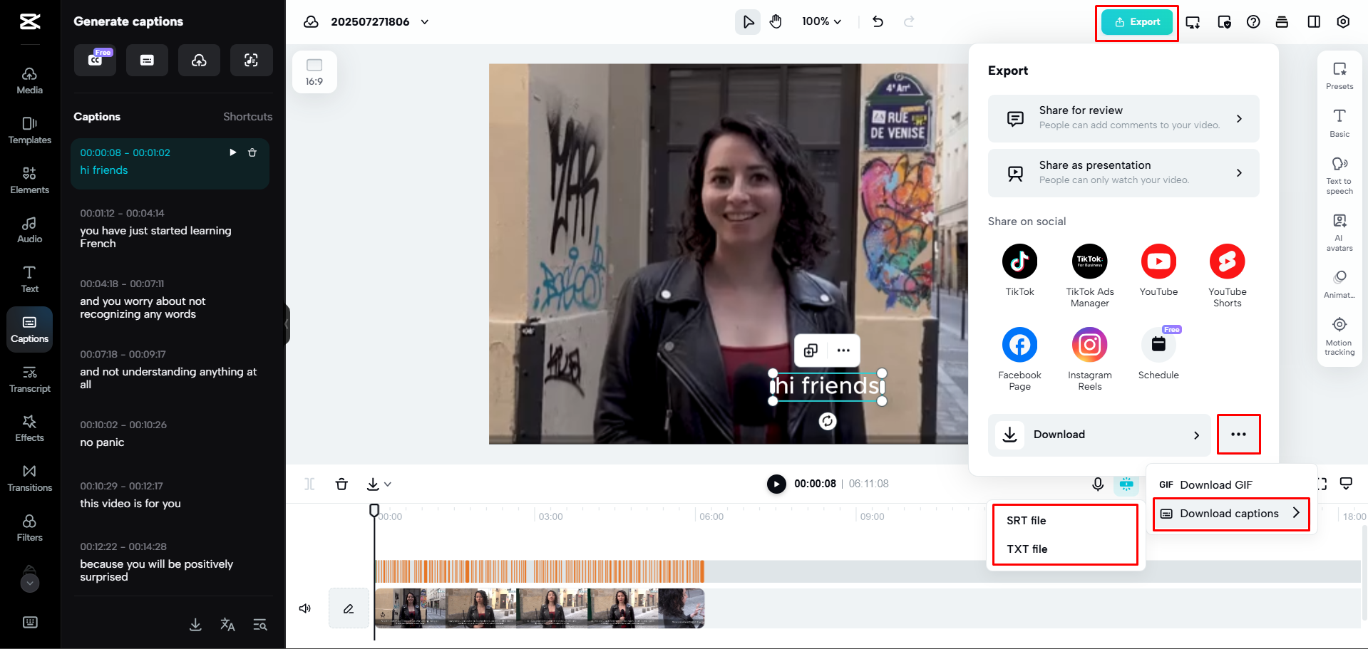 Exporting the English subtitles from CapCut Web